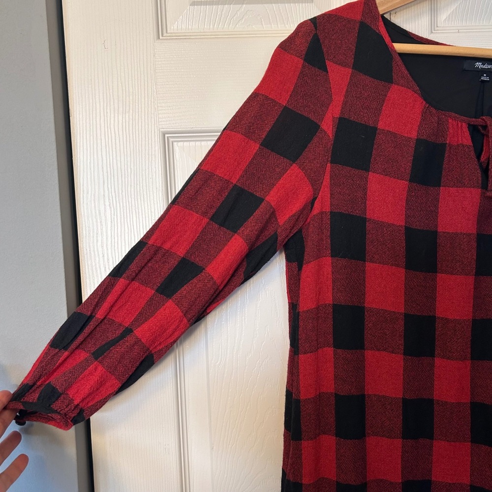 Madewell Red Black Buffalo Plaid Long Sleeve Tie Neck Tunic‎ Dress Size M - Picture 6 of 7